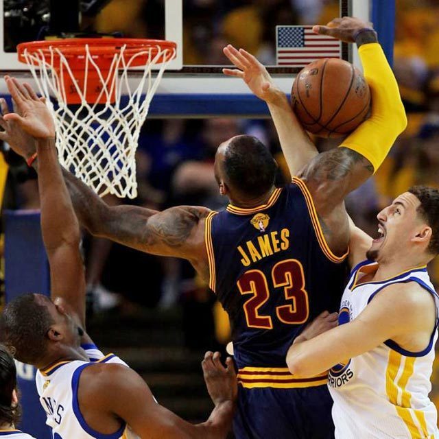  LeBron James #23 of the Cleveland Cavaliers goes up against Klay Thompson #11 of the Golden State Warriors in the first half during Game One of the 2015 NBA Finals at ORACLE Arena on June 4, 2015 in Oakland, California.