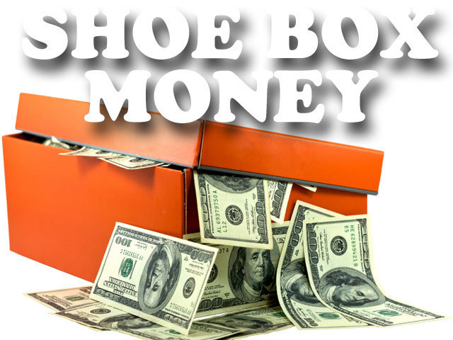 Money saved or stored by a non-traditional method (inside of a Shoe Box) without F.D.I.C. protection, enabling easy fee-free banking from a secure private location, usually ones residence. SHOE BOX MONEY